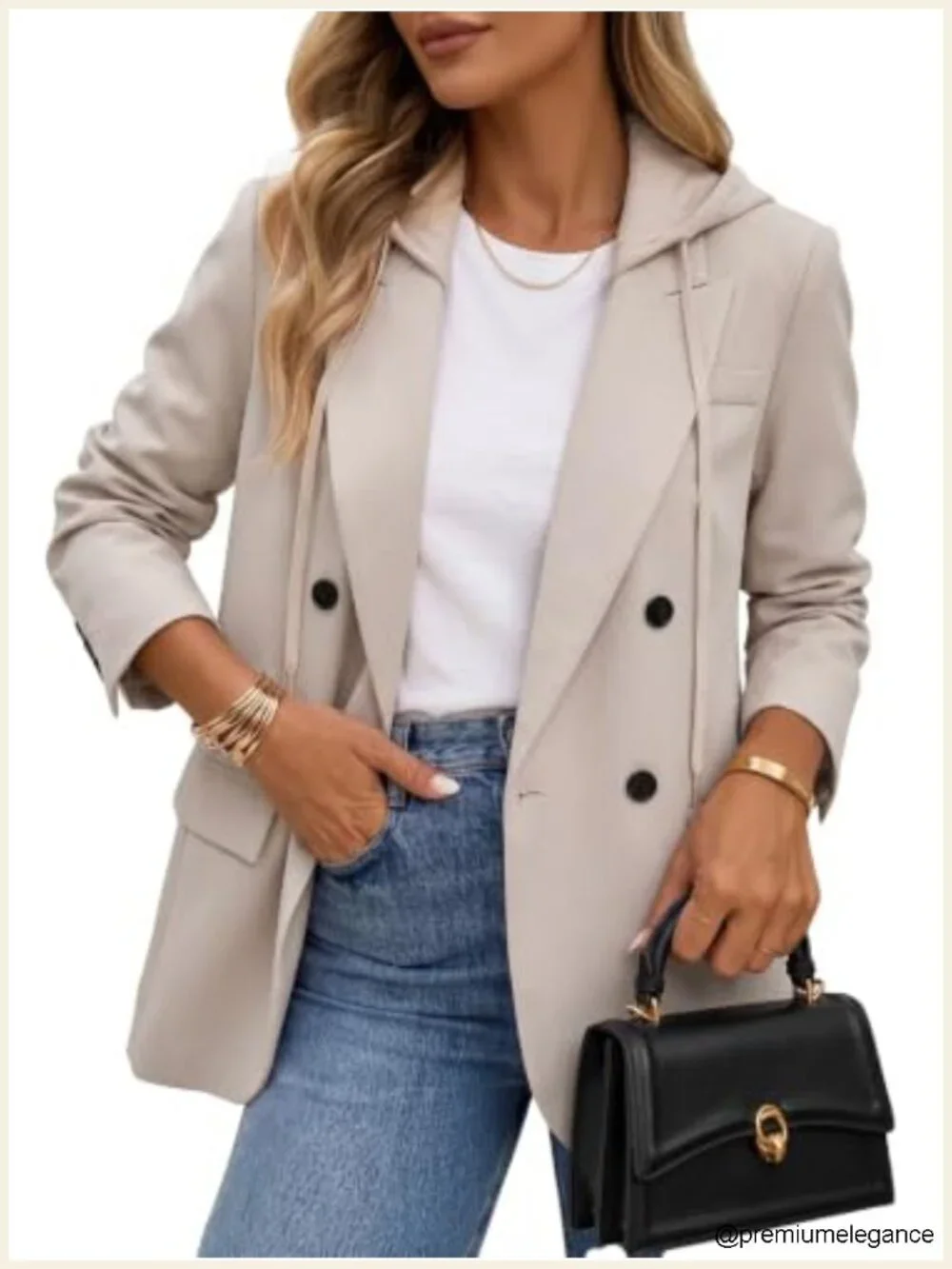 Women's Tweed Hooded Plaid Blazer Jacket Business Casual Longline